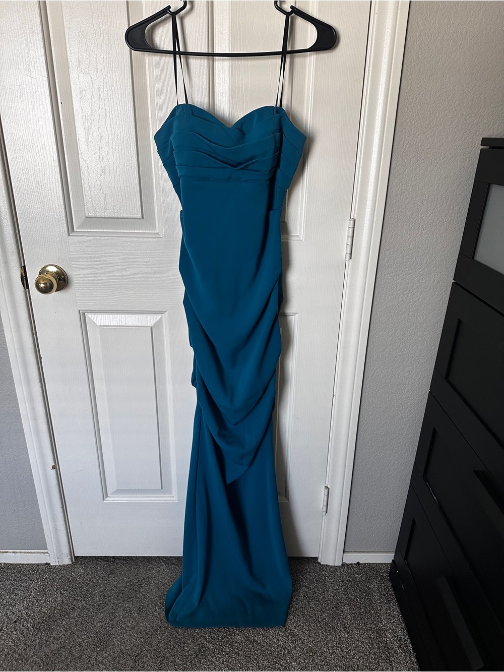 Xscape Teal Ruched Mermaid Evening Gown Size 4 | Side Slit